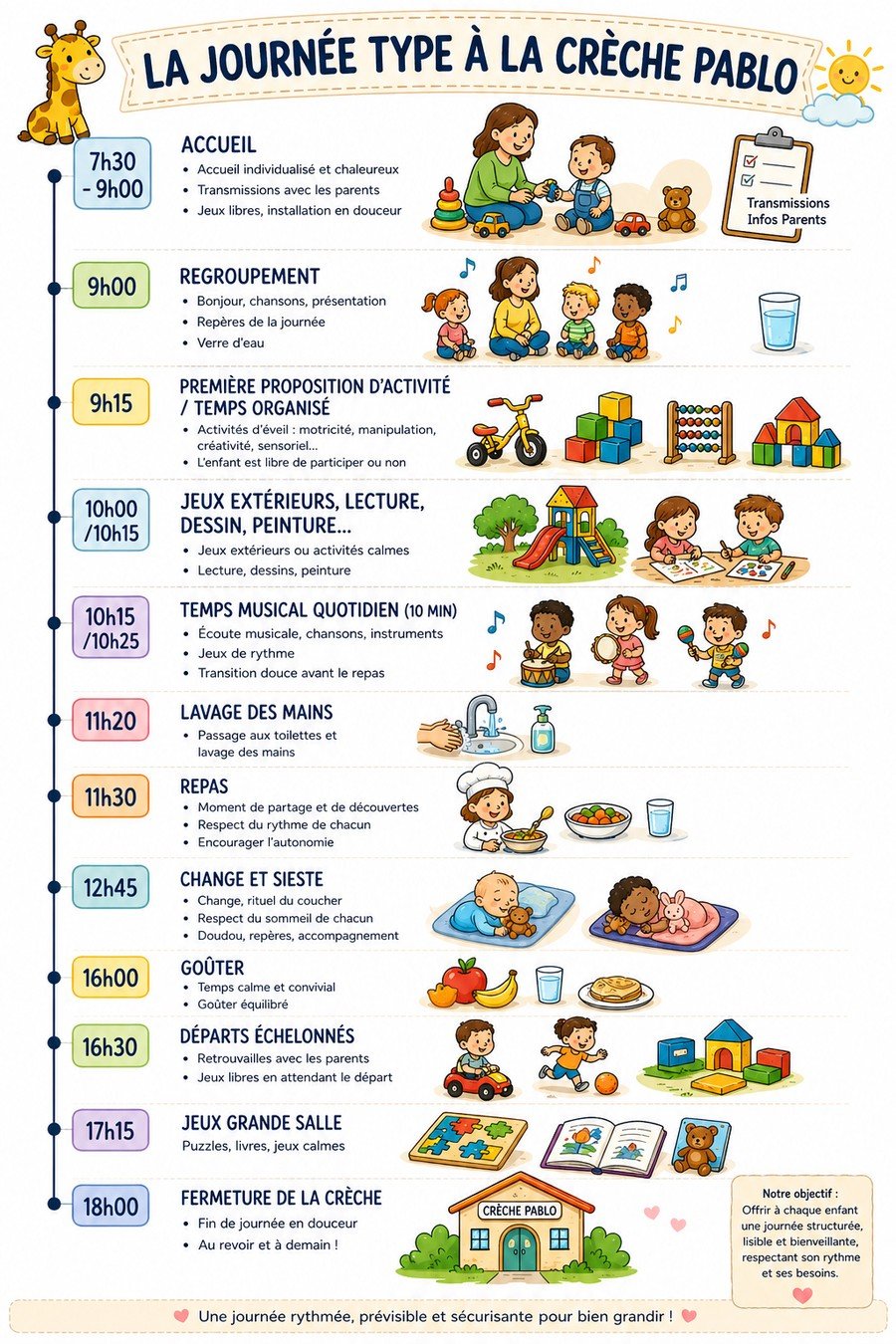 Affiche illustrée de la journée type à la crèche Pablo